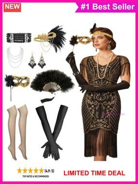 1920s Flapper Dress Set Sequin Fringe Roaring 20s Costume